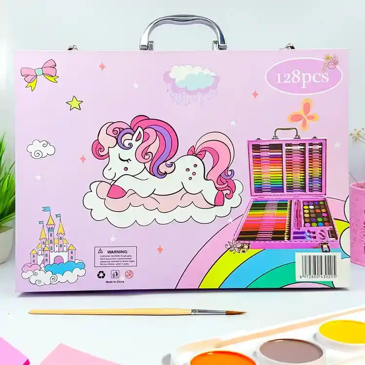 Set Kit De Arte Y Dibujo Tipo Maleta Unicornio 128 Piezas Para Niña Ref. 128-2