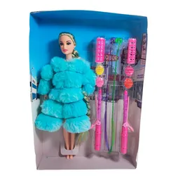 Muñeca Con Abrigo Peludo + Accesorios De Cabello Juguete