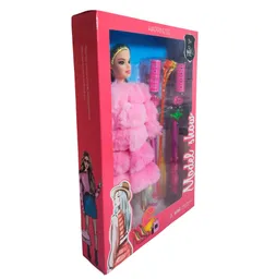 Muñeca Con Abrigo Peludo + Accesorios De Cabello Juguete