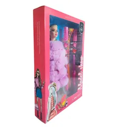 Muñeca Con Abrigo Peludo + Accesorios De Cabello Juguete