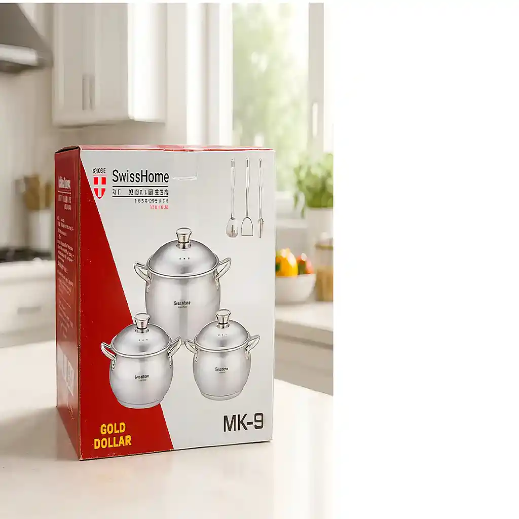Batería De 3 Ollas Swisshome Acero Inoxidable Con Accesorios Color Plateado