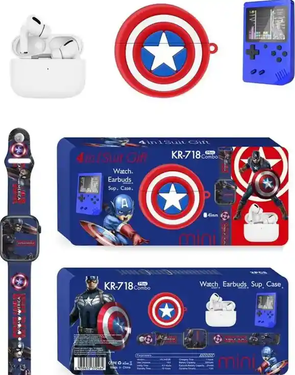 Combo Capitan American Smartwatch Inteligente Mas Audifonos Inalambricos Con Funda Y Cp Con Juegos Retro