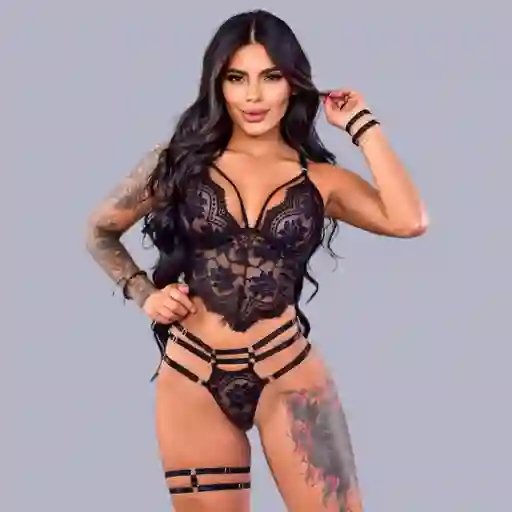 Conjunto Lenceria Jessie Negro Encaje Y Liga