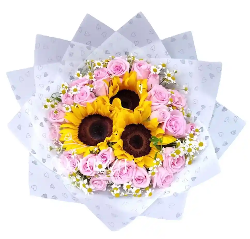 Flores Girasoles X3 Y Rosas Rosadas