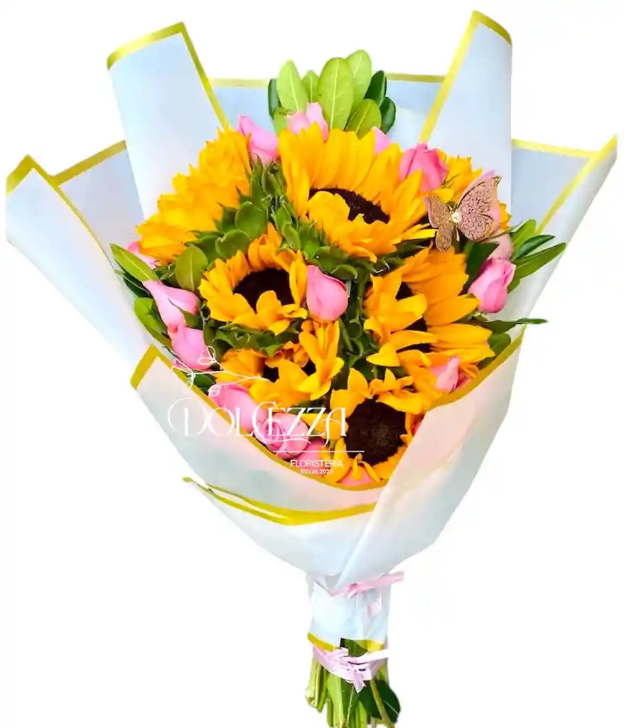 Flores Rosas Rosadas Y Girasoles Amor Eterno
