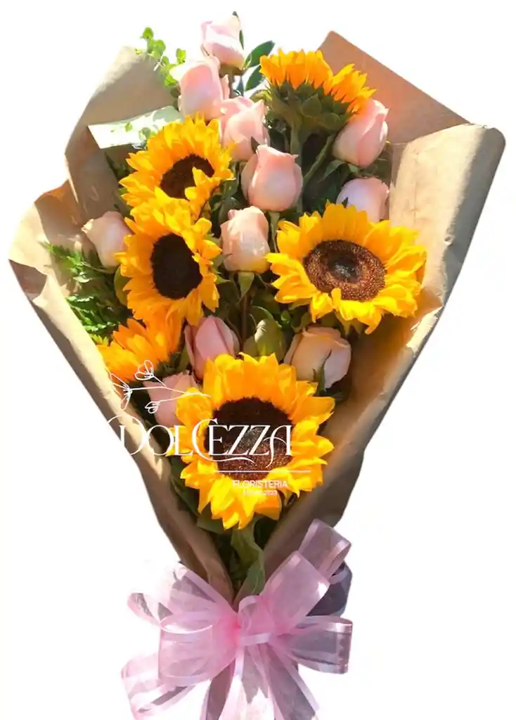 Flores Rosas Rosadas Y Girasoles En Ramillete