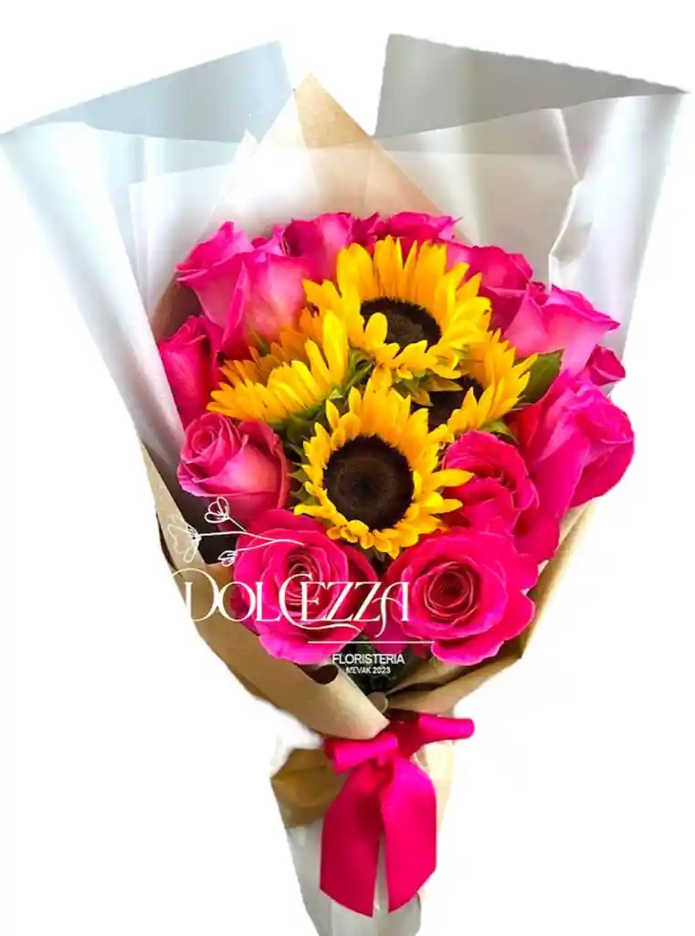 Flores Rosas Fucsia Y Girasoles En Ramillete