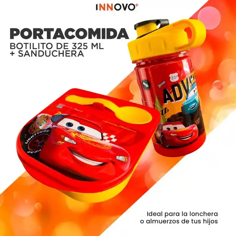 Lonchera Cars + Botilito 325ml Hermético Infantil Escolar - Rojo