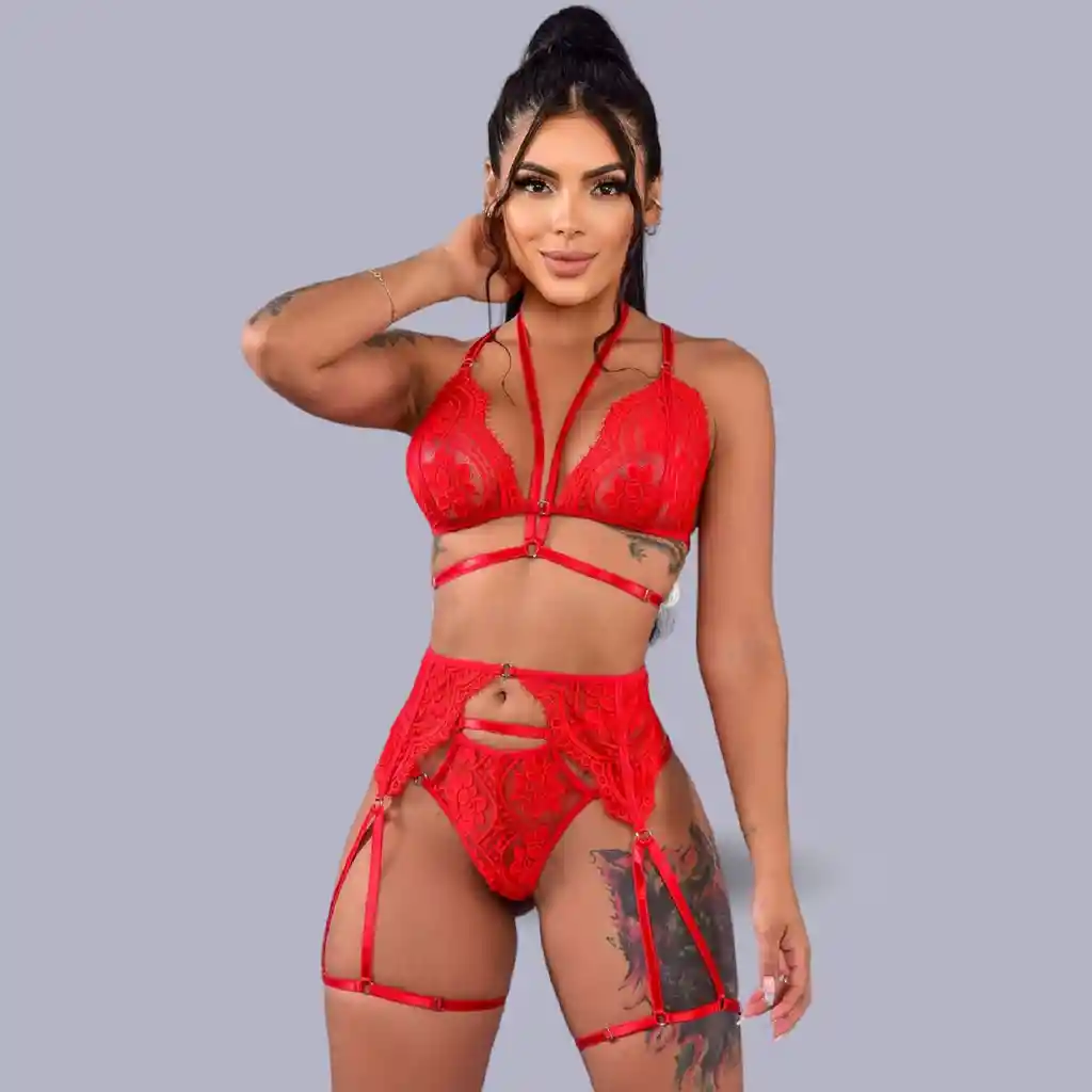 Conjunto Lencería Pandora Rojo Talla Única Ligueros