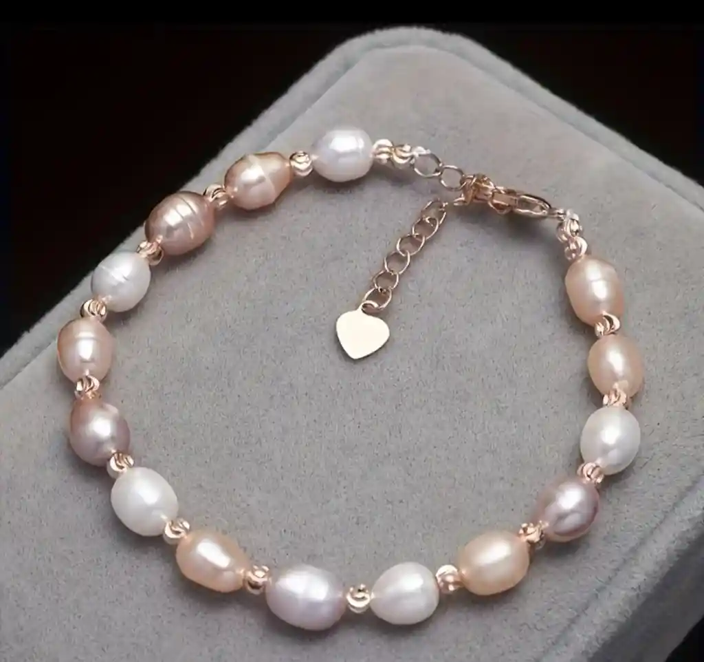 Pulsera De Perlas Dorado Rosa Con Dije De Corazon