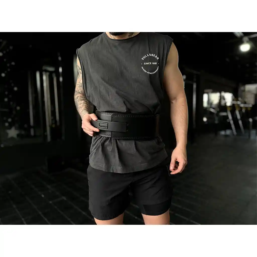 Cinturon Cuero Pesas Gym Powerlifting Hebilla Palanca Negro