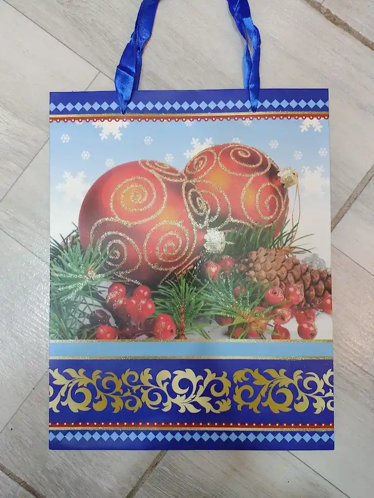 Bolsa De Regalo Navidad Azul Bolas De Navidad Mediana 32 Cm X 25 Cm