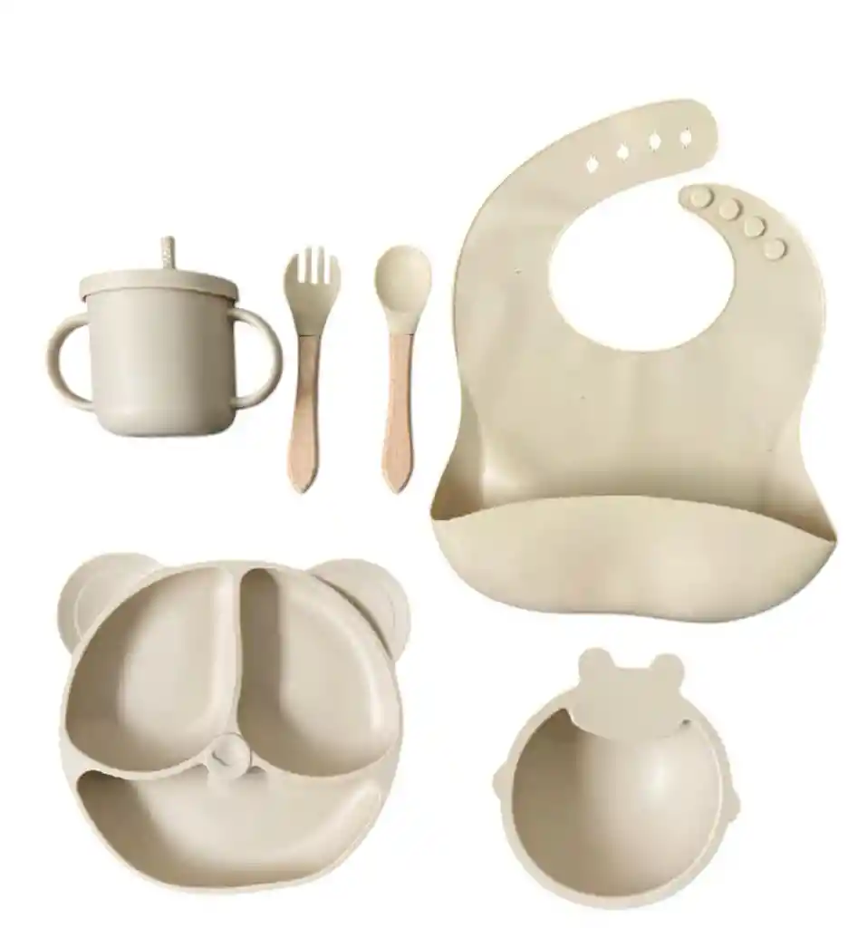Set Vajilla Para Bebé Orejas 6 Piezas Silicona Libre Bpa Oso