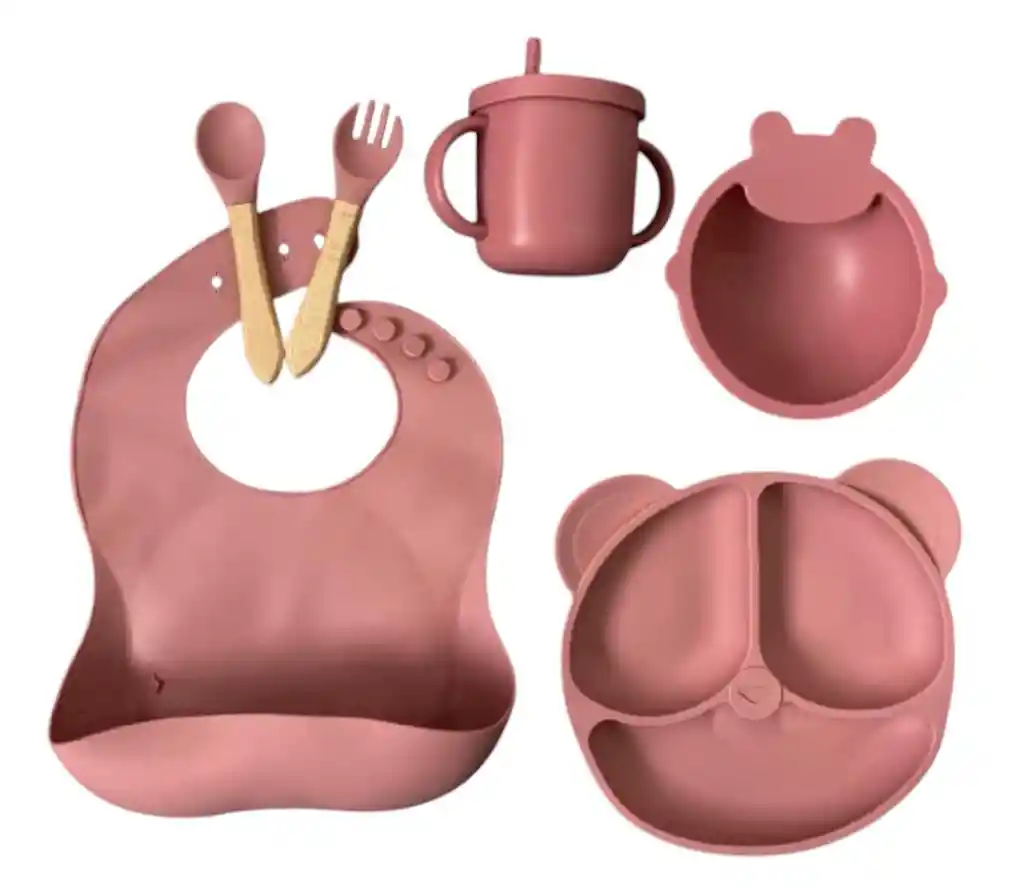 Set Vajilla Para Bebé Orejas 6 Piezas Silicona Libre Bpa Oso