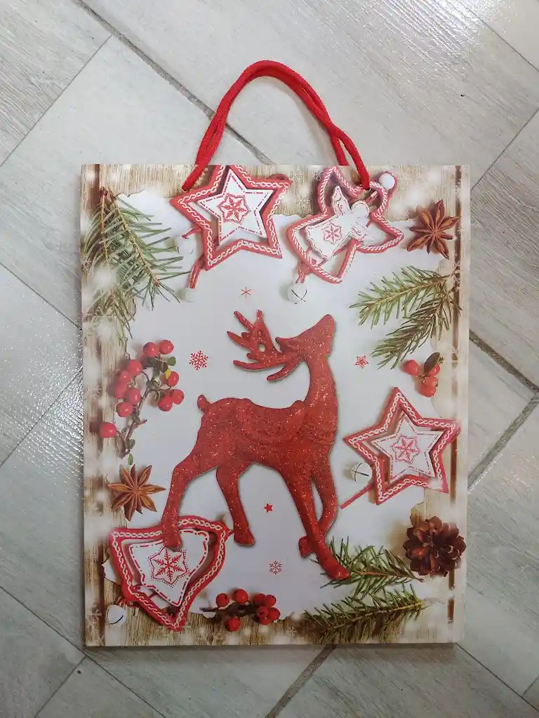 Bolsa De Regalo Navidad Reno Rojo Mediana 32 Cm X 25 Cm