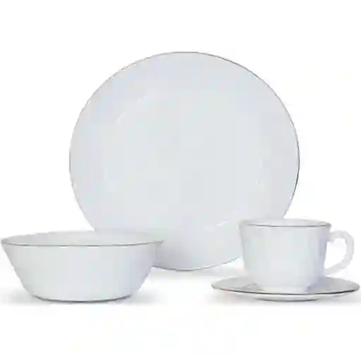 Vajilla Vitrocerámica 4 Puestos 16 Piezas Decorada Blanco Borde Dorado