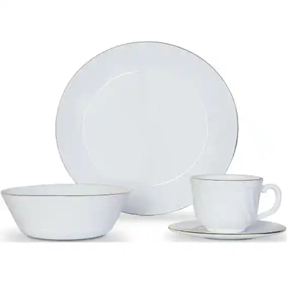 Vajilla Vitrocerámica 4 Puestos 16 Piezas Decorada Blanco Borde Dorado