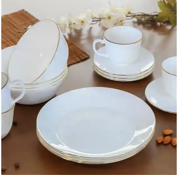 Vajilla Vitrocerámica 4 Puestos 16 Piezas Decorada Blanco Borde Dorado