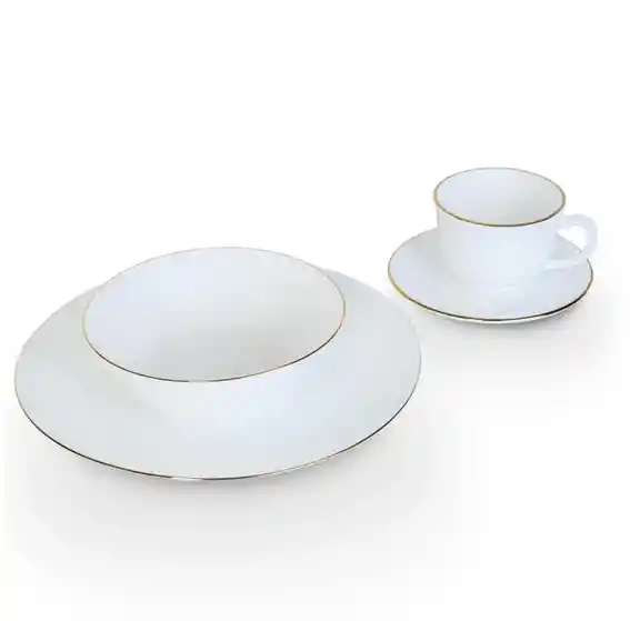 Vajilla Vitrocerámica 4 Puestos 16 Piezas Decorada Blanco Borde Dorado