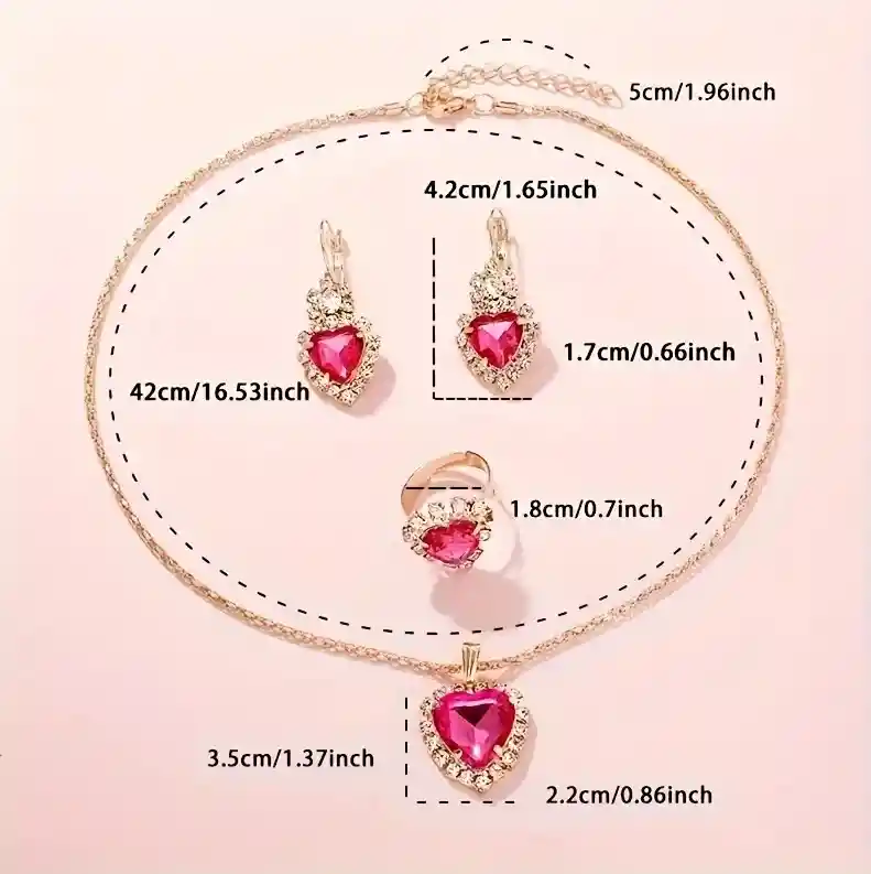 Collar Aretes Y Anillo Forma Corazón Color Fucsia En Caja