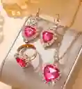 Collar Aretes Y Anillo Forma Corazón Color Fucsia En Caja
