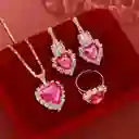 Collar Aretes Y Anillo Forma Corazón Color Fucsia En Caja