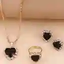 Collar Aretes Y Anillo Forma Corazón Color Negro En Caja
