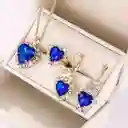 Collar Aretes Y Anillo Forma Corazón Color Azul En Caja