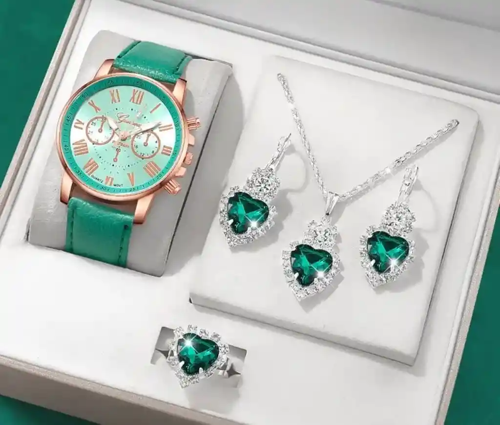 Kit Reloj Para Mujer Reloj Dama Con Accesorios Verde