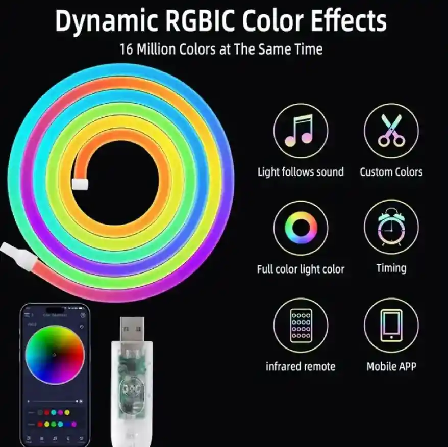 Cinta Tira Led Luz Neon Rgb Manguera 5 Metros Rítmica Usb