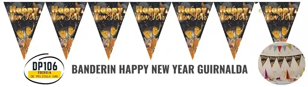 Banderin Guirnalda Happy New Year Decoracion Navidad Dorado Y Negro