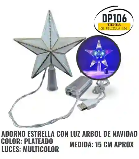 Estrella Plateada Con Luz Multicolor Punta Arbol Decoracion Navidad Adorno