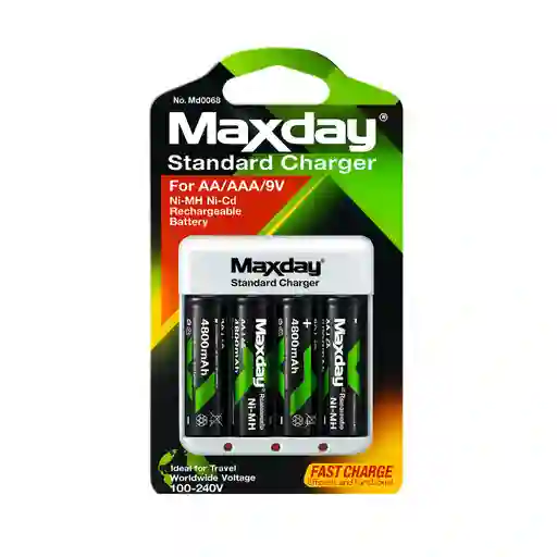 Cargador Maxday + 4 Pilas Aa Recargables 1.2v 4800mah