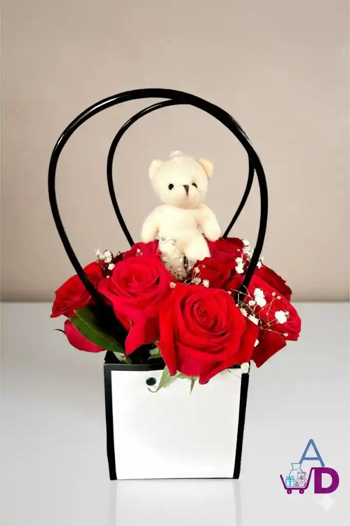 Cartera De Rosas Rojas Y Mini Oso