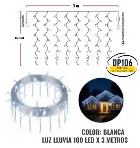 Luces Luz Lluvia / Cascada Navideña Color Blanco 100 Led X 3 Metros X 60 Cm De Caida