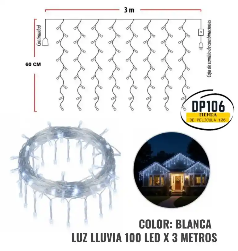 Luces Luz Lluvia / Cascada Navideña Color Blanco 100 Led X 3 Metros X 60 Cm De Caida