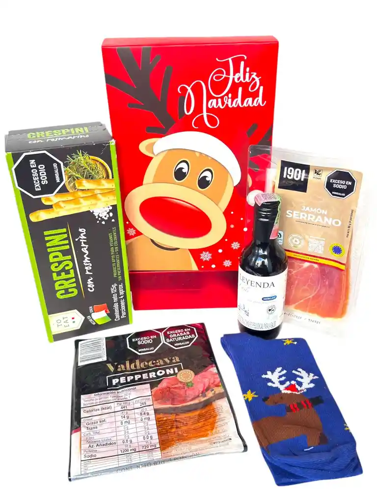 Ancheta Magica Navidad Con Vino, Carnes Frias Y Calcetines Divertidos De Navidad - Regalo De Navidad - Ancheta Regalo Familiar O Empresarial