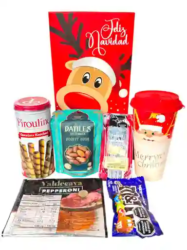 Ancheta Noche De Navidad Con Queso Holandes, Datiles Y Vaso Con Tapa Navideño - Regalo De Navidad - Ancheta Regalo Familiar O Empresarial