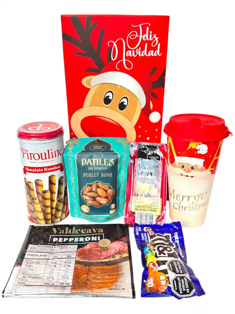 Ancheta Noche De Navidad Con Queso Holandes, Datiles Y Vaso Con Tapa Navideño - Regalo De Navidad - Ancheta Regalo Familiar O Empresarial