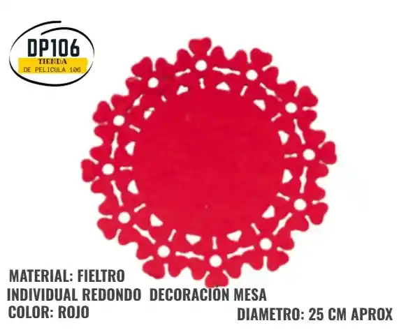 Individual Mesa Decorativo De Fieltro Rojo Con Diseño Floral 25 Cm X 1 Und