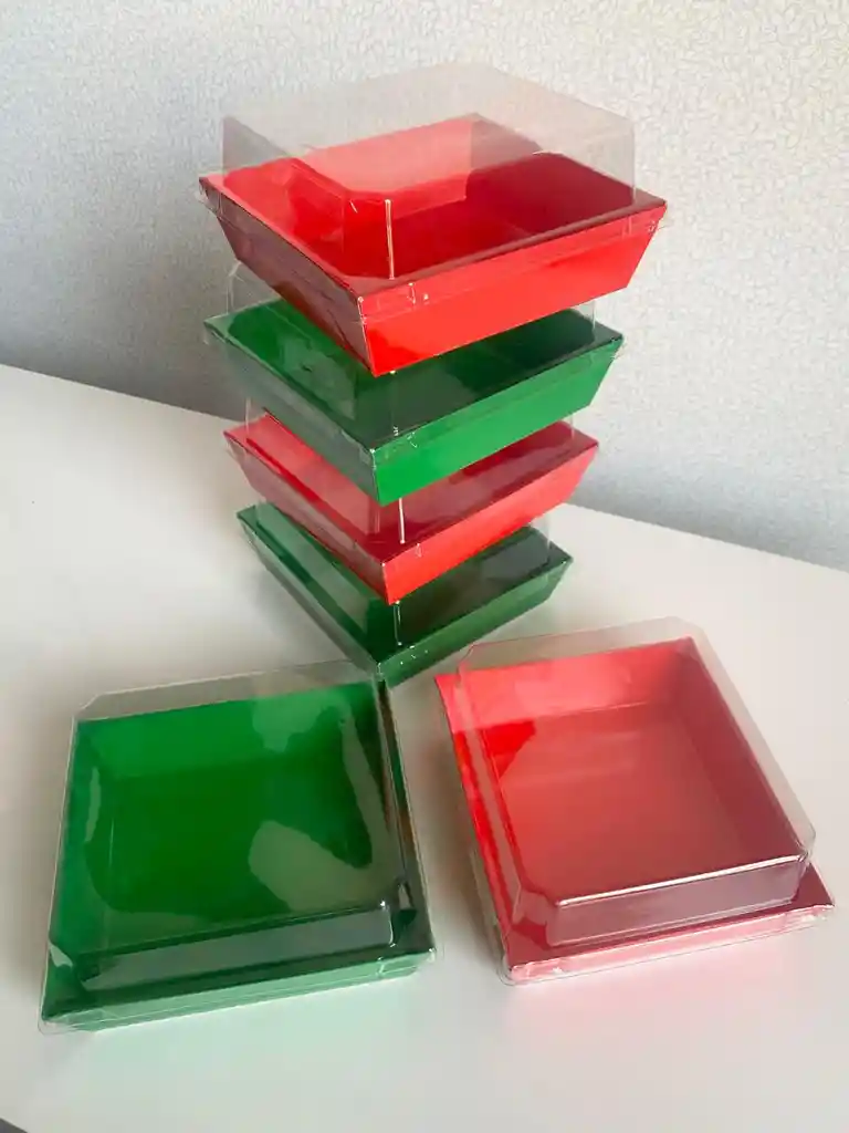 Cajas Laminadas 11 X 12 Cms X6 Cms Rojas O Verdes Con Tapa Plástica, Cajas Para Alimentos