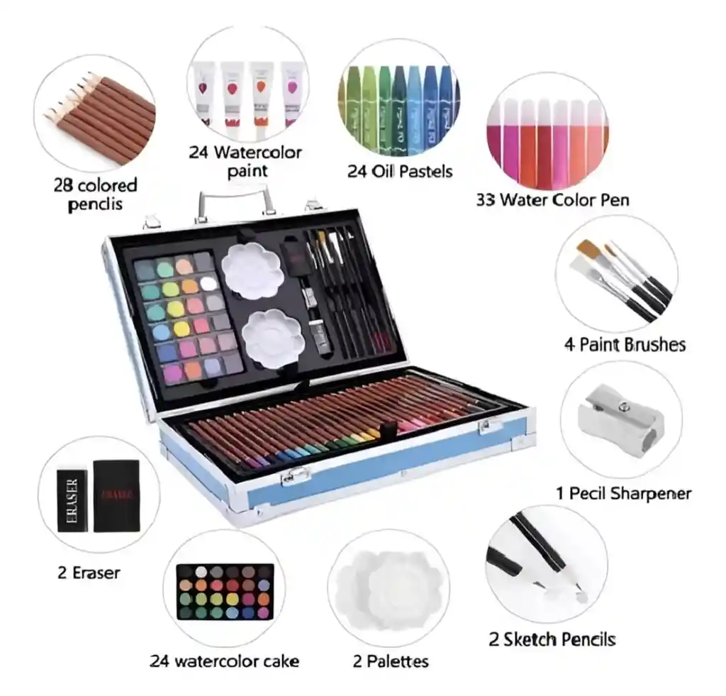 Kit/set De Arte Dibujo Maletin Metalico 145 Piezas Niño Colores