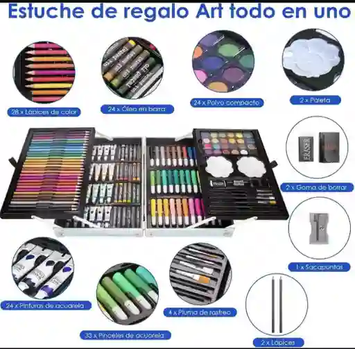 Kit/set De Arte Dibujo Maletin Metalico 145 Piezas Niño Colores