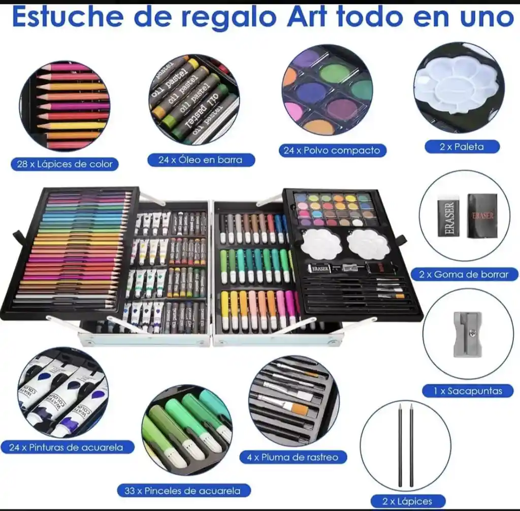 Kit/set De Arte Dibujo Maletin Metalico 145 Piezas Niño Colores