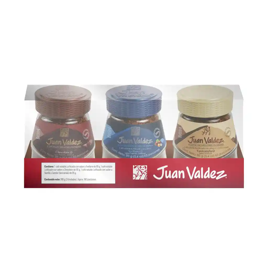 Juan Valdez Café Liofilizado Incluye 3 Sabores Chocolate, Avellana, Vainilla Y Canela 3 Unidades / 95 G