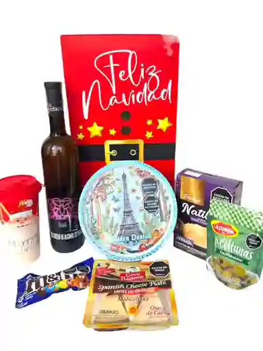 Ancheta Recuerdos De Navidad Con Vino, Galletas Y Tapas De Queso - Regalo De Navidad - Ancheta Regalo Familiar O Empresarial