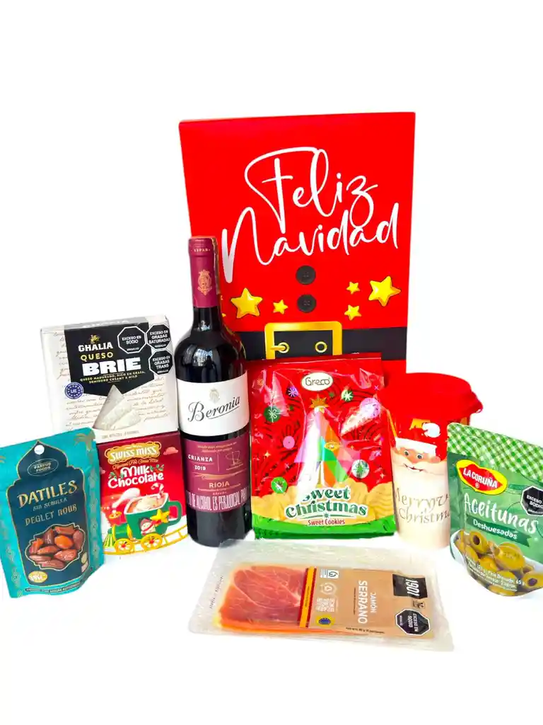 Ancheta Sabores De Navidad Con Vino, Galletas Y Queso Brie - Regalo De Navidad - Ancheta Regalo Familiar O Empresarial