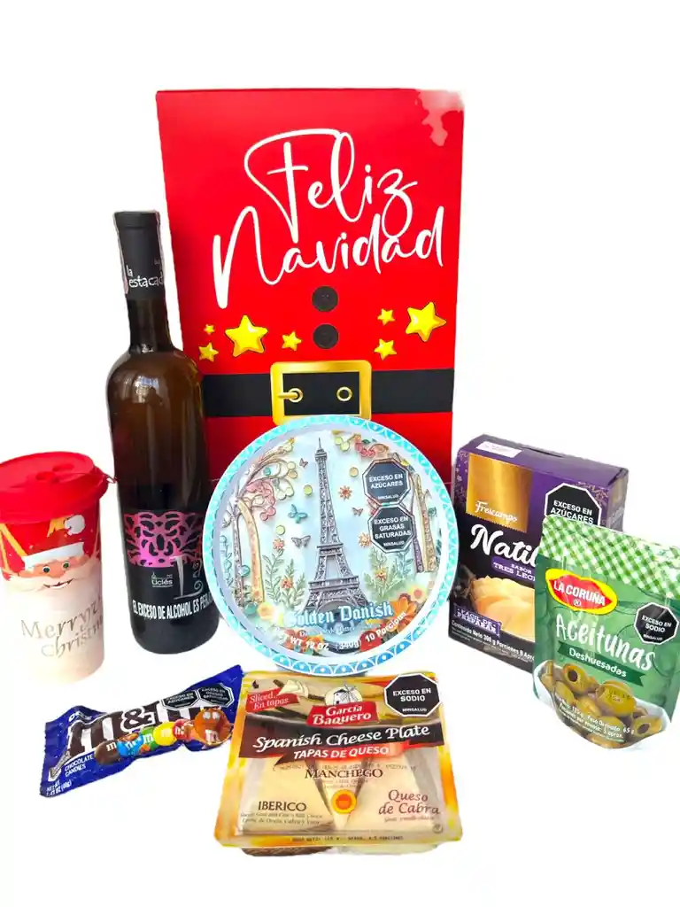 Ancheta Recuerdos De Navidad Con Vino, Galletas Y Tapas De Queso - Regalo De Navidad - Ancheta Regalo Familiar O Empresarial