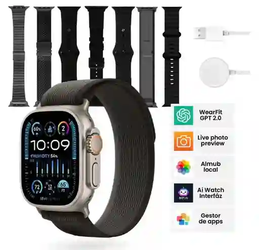 Smartwatch H9 Ultra Plus 49mm 7 Correas Nfc, Amoled, Bluetooth Negro