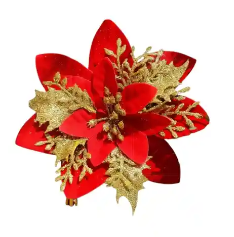 Flor Decorativa Navidad Arbolito Navideña Roja Con Dorado